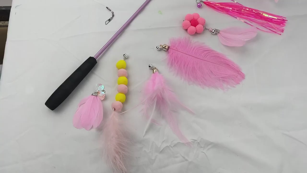 3-Section Retractable Cat Wand Toy with Feather, Crinkle Paper & Bell Ball Attachments, Interactive Teaser for Indoor Cats Kittens