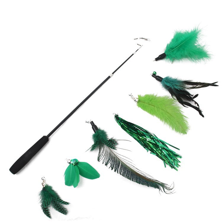 3-Section Retractable Cat Wand Toy with Feather, Crinkle Paper & Bell Ball Attachments, Interactive Teaser for Indoor Cats Kittens