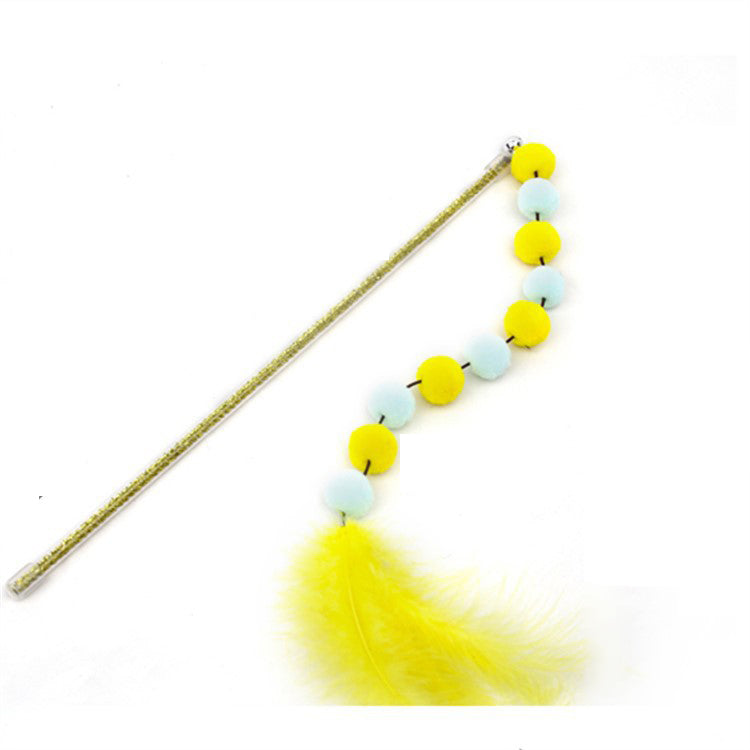Interactive Cat Teaser Wand with Pom Poms & Feather, Plush Ball Cat Toy for Kitten Play, Exercise & Training