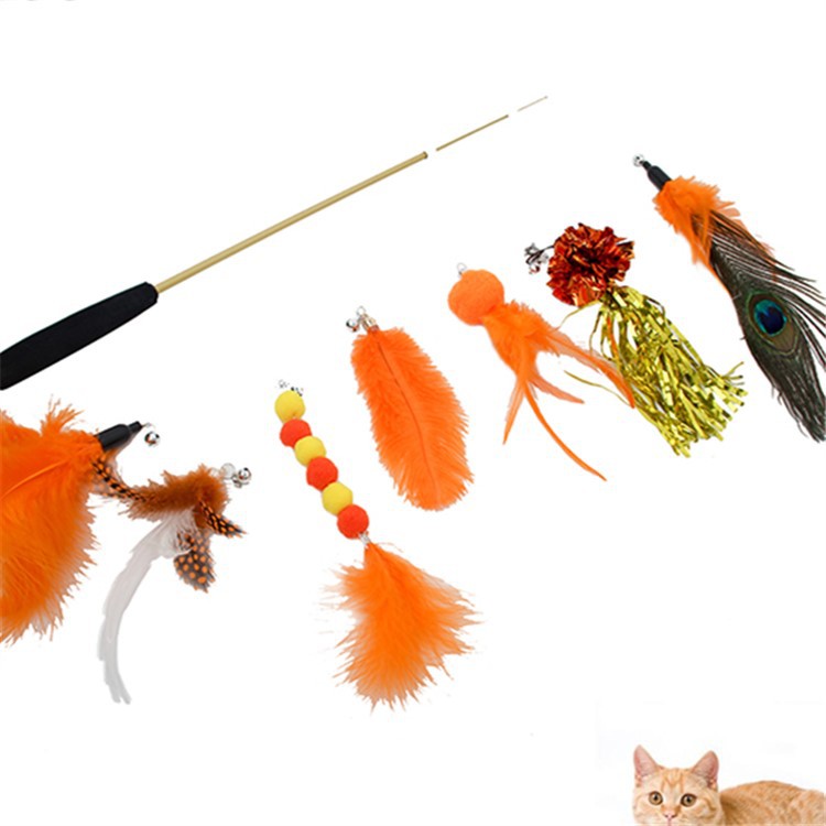 3-Section Retractable Cat Wand Toy with Feather, Crinkle Paper & Bell Ball Attachments, Interactive Teaser for Indoor Cats Kittens