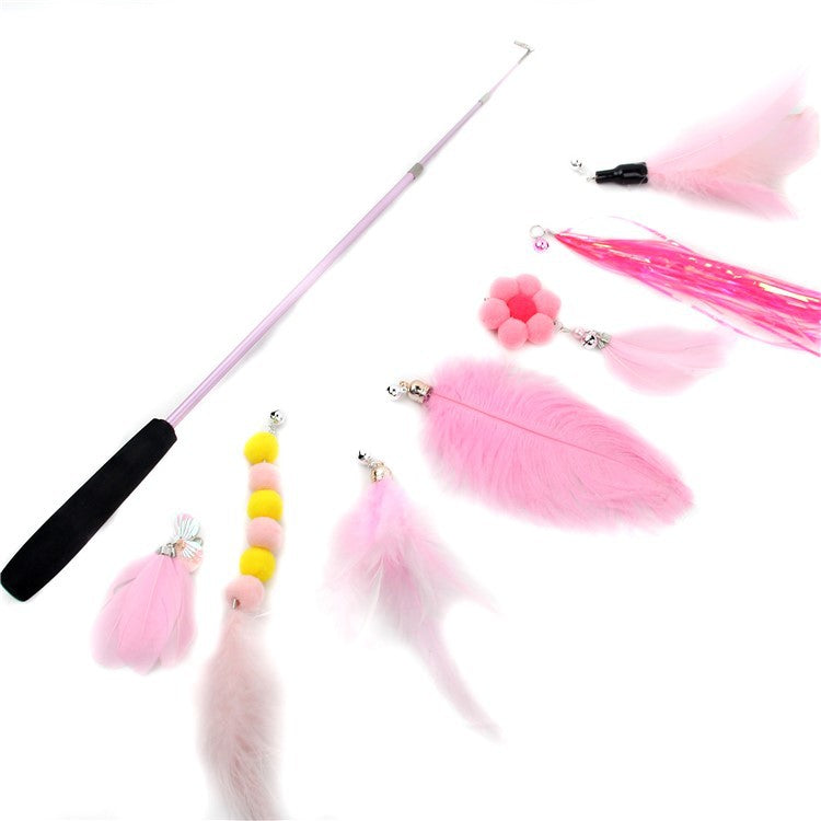 3-Section Retractable Cat Wand Toy with Feather, Crinkle Paper & Bell Ball Attachments, Interactive Teaser for Indoor Cats Kittens